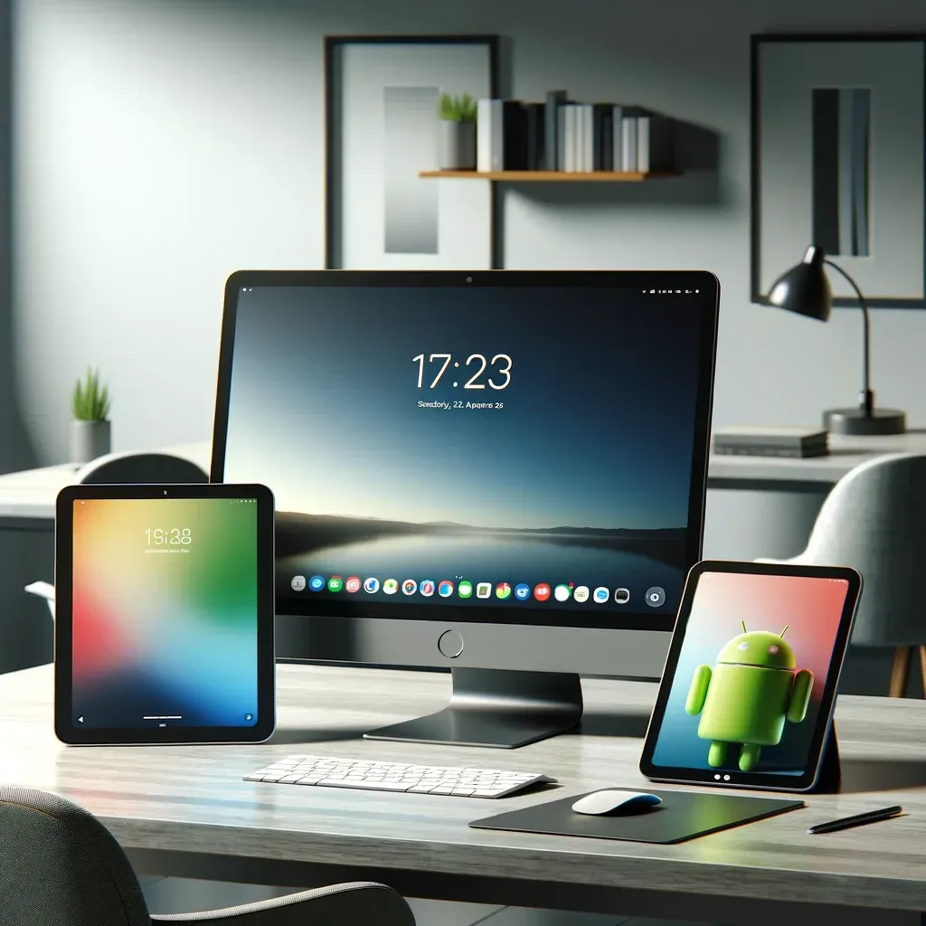 An image featuring three technology devices on a modern office desk: a PC, an Android tablet, and an iOS tablet. The PC should look sleek and modern, suitable for office use. The Android tablet should be contemporary, displaying a typical home screen. The iOS tablet should also look modern and display its characteristic home screen. The setting should be clean and professional, emphasizing the devices as the focal point against a neutral background.